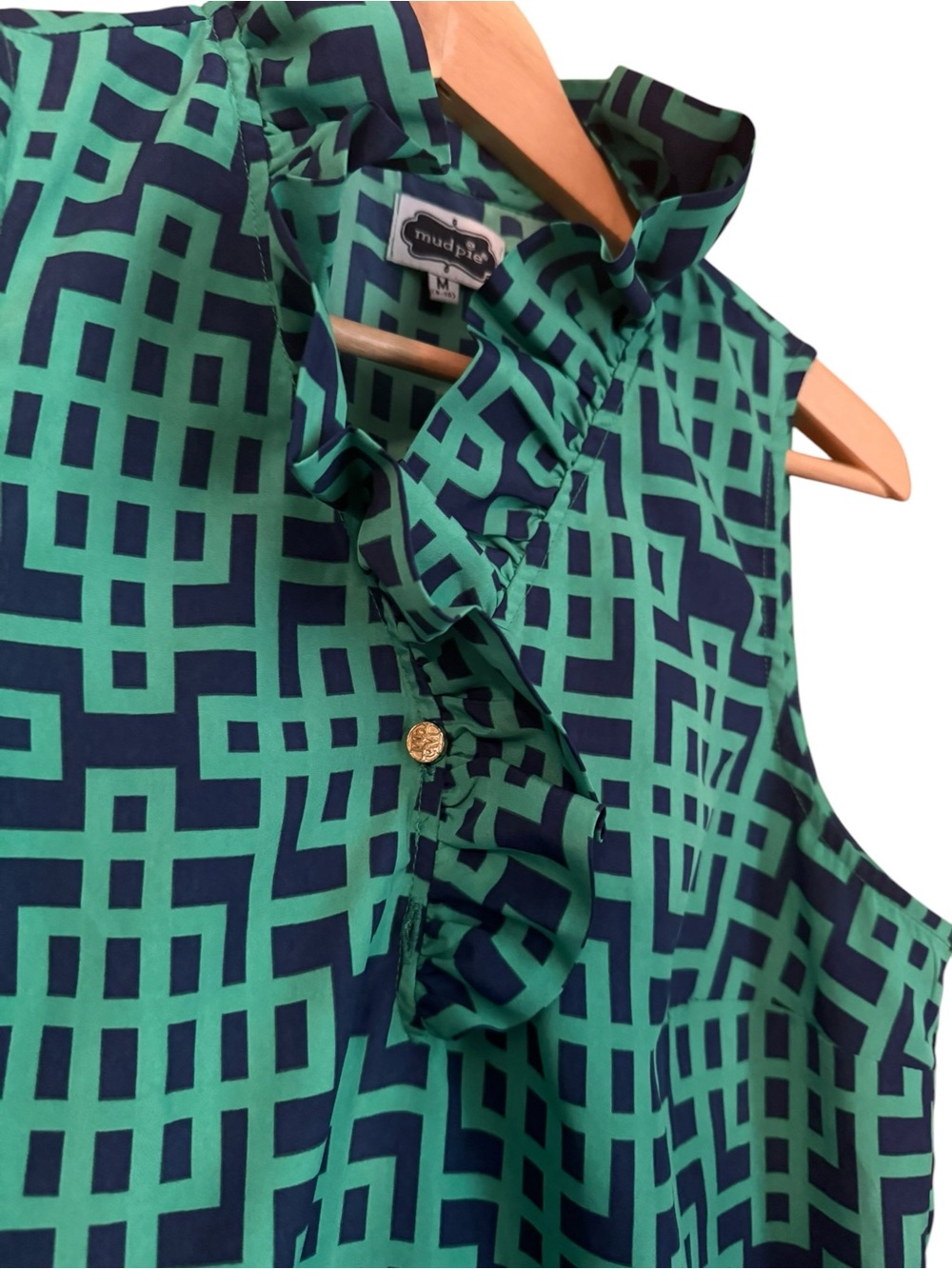 Mud Pie Teal & Navy Geometric Ruffle Sleeveless Blouse - Picture 4 of 11